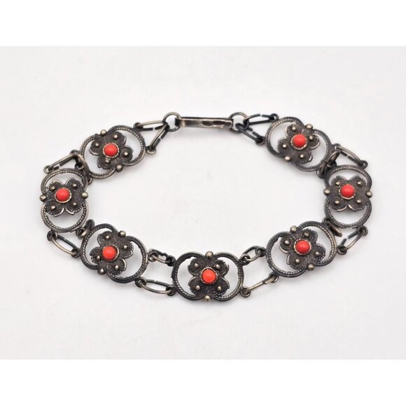 Antique 800 Silver Floral Link Bracelet 7.25" Red Coral Accents *48 DA Hallmark - Picture 15 of 15